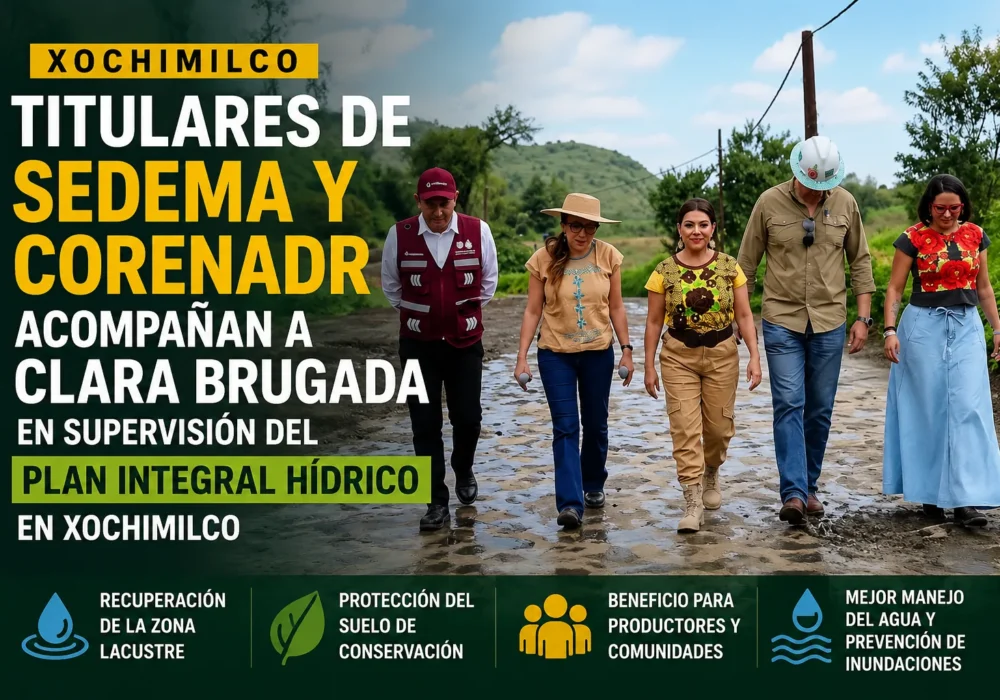 Recorrido de supervisión del Plan Integral Hídrico en San Gregorio Atlapulco, Xochimilco, encabezado por Clara Brugada con la participación de la secretaria del Medio Ambiente, Julia Álvarez Icaza, y el director general de la CORENADR, Humberto Adán Peña Fuentes.