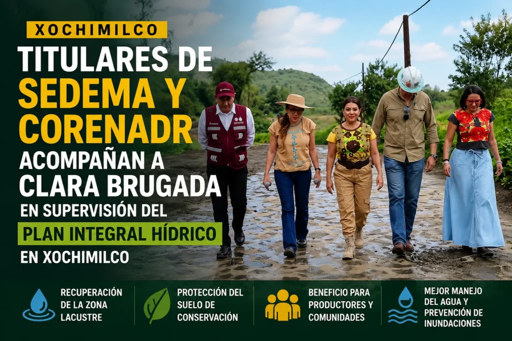 Recorrido de supervisión del Plan Integral Hídrico en San Gregorio Atlapulco, Xochimilco, encabezado por Clara Brugada con la participación de la secretaria del Medio Ambiente, Julia Álvarez Icaza, y el director general de la CORENADR, Humberto Adán Peña Fuentes.